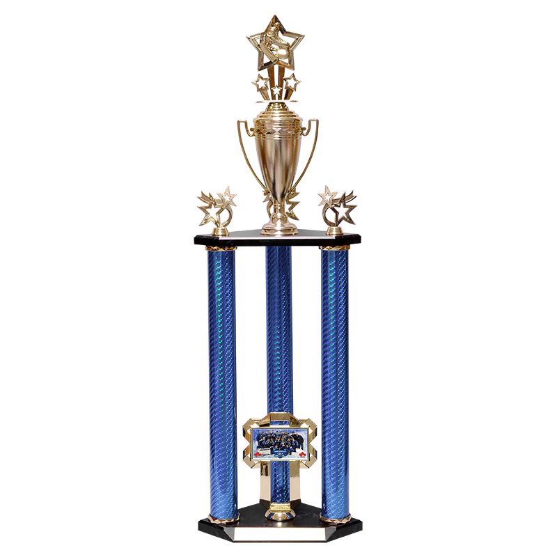 Double 3 Post Trophy with Cup and Wood Base
