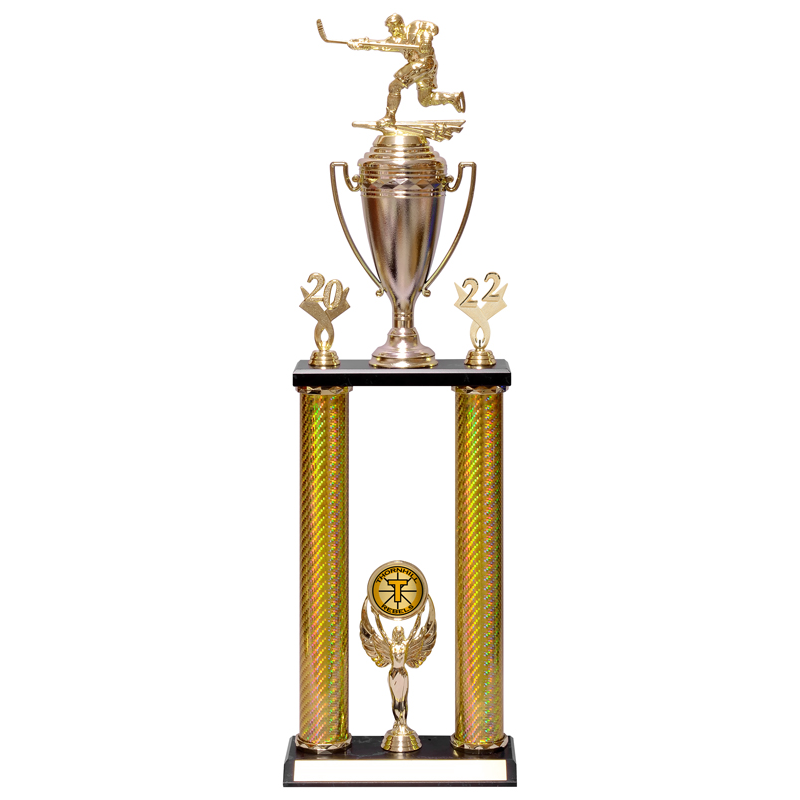 Double 2 Post Column Trophy with Cup and Wood Base